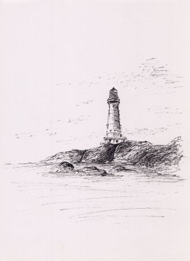 Kayalıklarda deniz feneri ve sakin deniz manzarası. Huzurlu bir doğa geçmişi var. Baskı, poster, kartpostal, huzur dolu kitap illüstrasyonu için orijinal sanat eserleri. Huzur konsepti. Minimalist çizim.