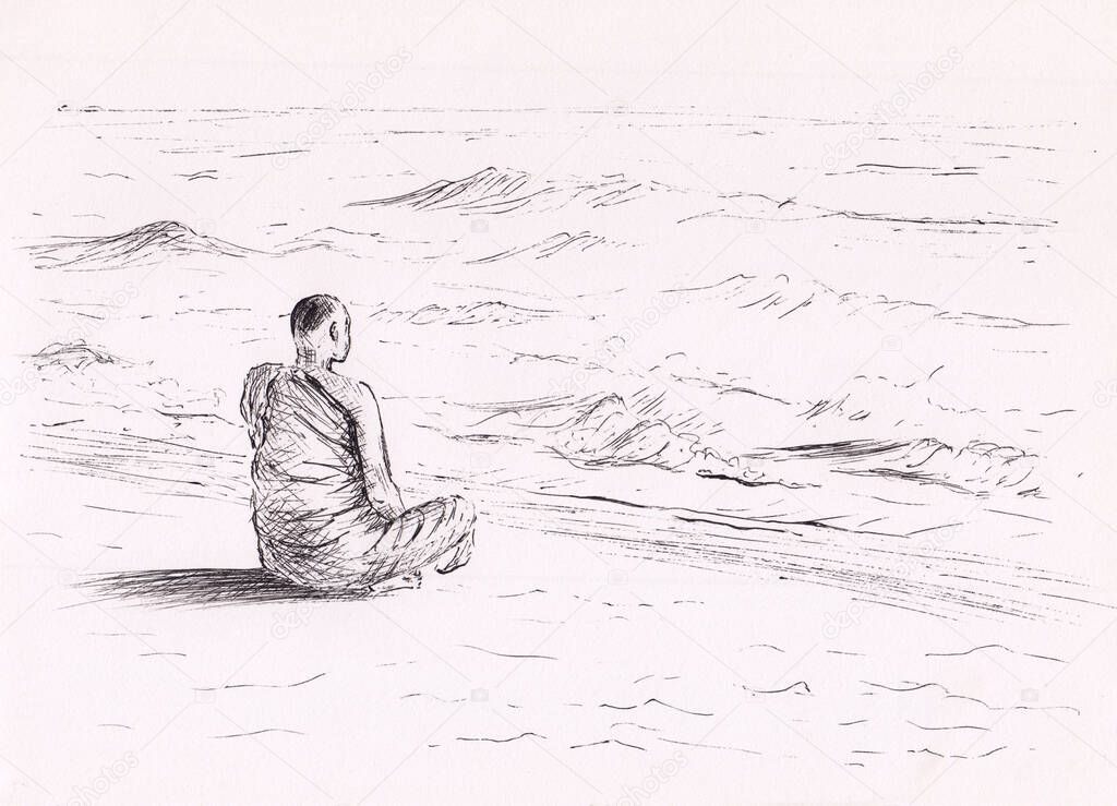 Ink drawing with Buddhist monk praying on the beach. Creative nature background for meditation, relaxation, poster. Original abstract artwork. Soothing scenery. Man praying looking at calm sea.