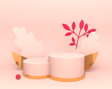 3d pink round podium with Golden leaves. Empty abstract scene for the presentation of products and cosmetics. Advertising space. 3d rendering background. clipart