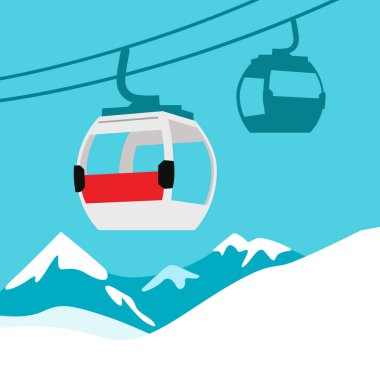 Füniküler demiryolu. Kayak ve kış sporları için dağlarda kablo kaldırma, Kış Turizmi. Vektör illüstrasyonu.