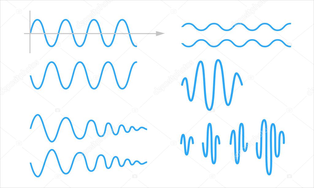 Sinusoid. A set of sinusoidal waves. Pulse linesisolated on a white background. Vector symbol