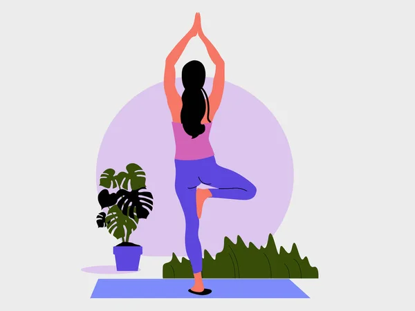 Junge Frau Steht Einem Baum Yoga Pose Und Meditiert Das — Stockvektor