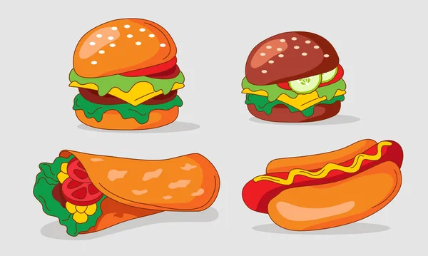 Set Comida Rápida Iconos Hamburguesa Vegetariana Hamburguesa Americana Shawarma American — Archivo Imágenes Vectoriales