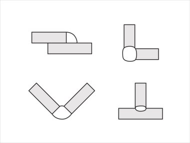 Farklı bağlantıların kaynaklanması. T kaynaklı, dik, çelik levhaların paralel bağlantıları. Alüminyum boru kısmında kaynak izi var. Vektör düz resimleme.