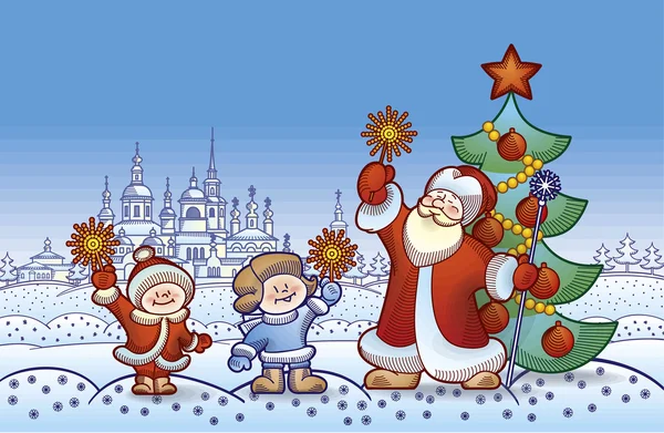 Illustrazione per Natale e Capodanno Babbo Natale con bambini accesi scintille — Vettoriale Stock