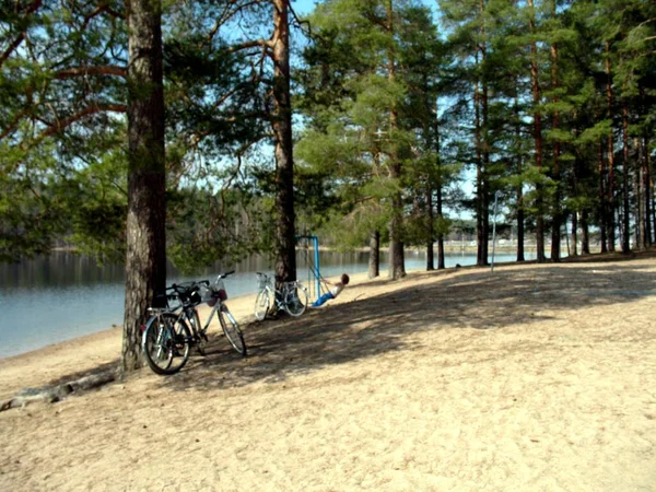 Иматра Финляндия Озеро Саймаа Велосипеды Свинги Весна — стоковое фото