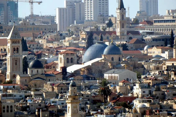 Jerusalem View Church Holy Sepulchre Blue Domes Old City Mount — Stock Photo, Image