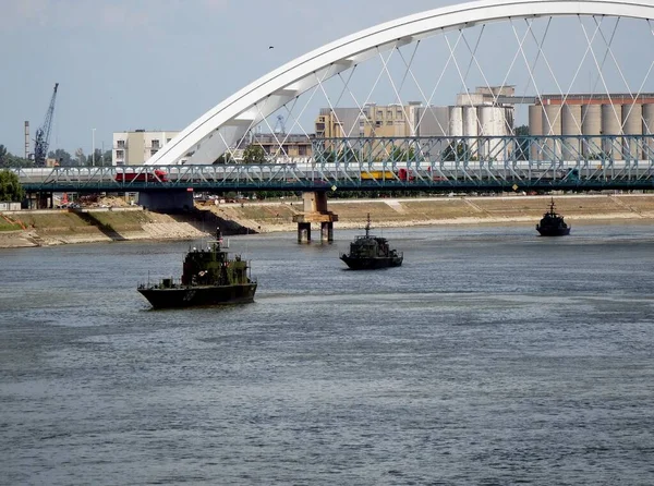 República Sérvia Novi Sad Rio Danúbio Barcos Frota Militar Rio — Fotografia de Stock