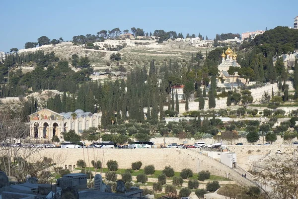 Monte Das Oliveiras Jerusalém Vista Portão Dourado Cidade Velha — Fotografia de Stock