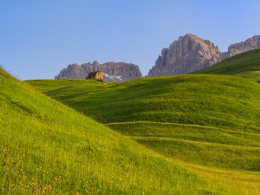 Yeşil otlar çayırlar dağlarda gündoğumu, Dolomites, İtalya