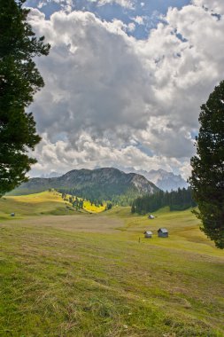 Dağ kulübeleri yaz bulutlar, Dolomites, Trentino, İtalya ile mavi gökyüzü ile bir günde çayıra