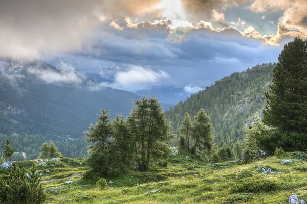 Passering Falzarego ved soloppgang, stormskyer, Dolomites, Veneto, Italia – stockfoto