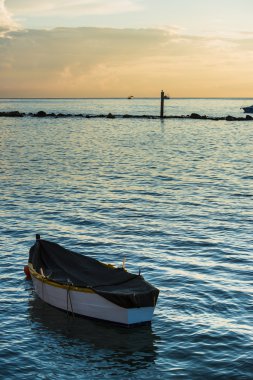 Martı ve gündoğumu, teknede denizin Conero, Marche, İtalya
