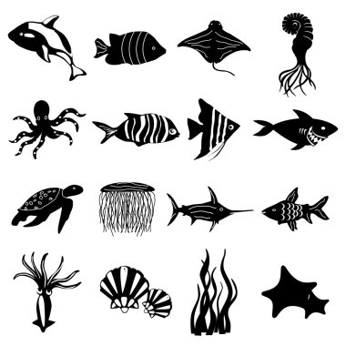 Sea creatures icons set clipart
