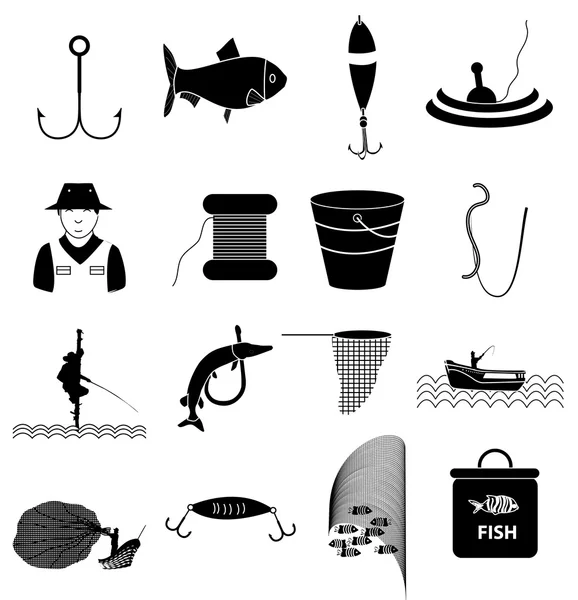 Iconos de pesca en un solo color — Vector de stock