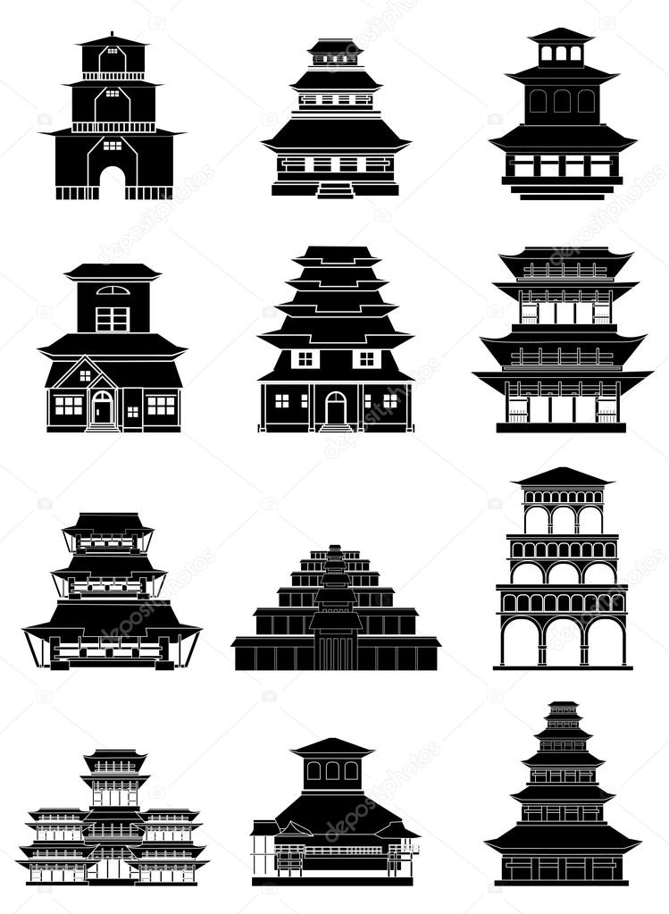 Chinese japanese building icons set