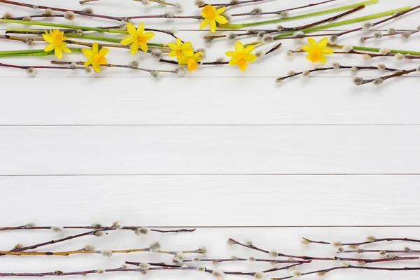 Frühlingshintergrund mit Weidenzweig und Narzisse. Kopierraum, Ostern — Stockfoto