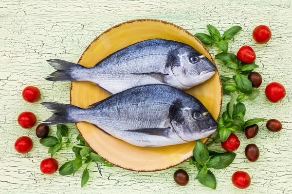 Fesleğen ve domates yeşil masada sarı plaka üzerinde çiğ dorado balık. Üstten Görünüm