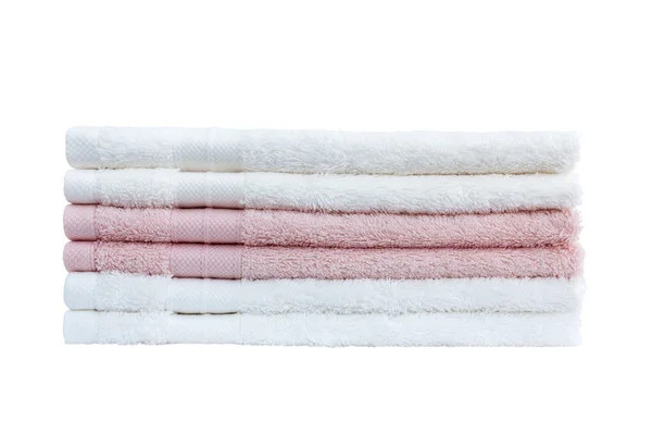 Montón de toallas de baño blancas y rosadas aisladas sobre blanco — Foto de Stock