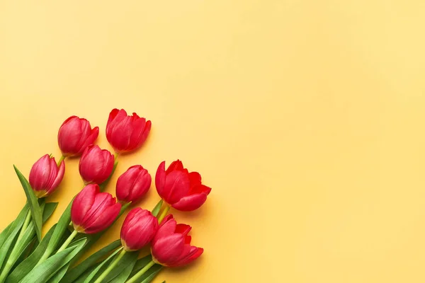 Élénk vörös tulipán csokor sárga alapon. Felülnézet, másolás — Stock Fotó