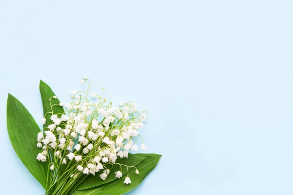 Bouquet of lily of the valleys on a light blue background. View from above, copy space for text