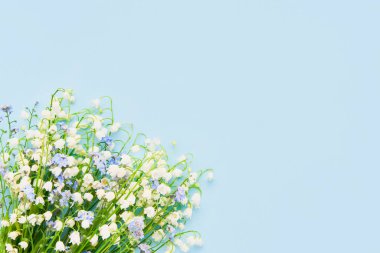 Açık mavi arka planda bir buket nilüfer çiçeği. Anneler Günü, doğum günü kutlaması konsepti. Yukarıdan görüntüle, metin için alanı kopyala