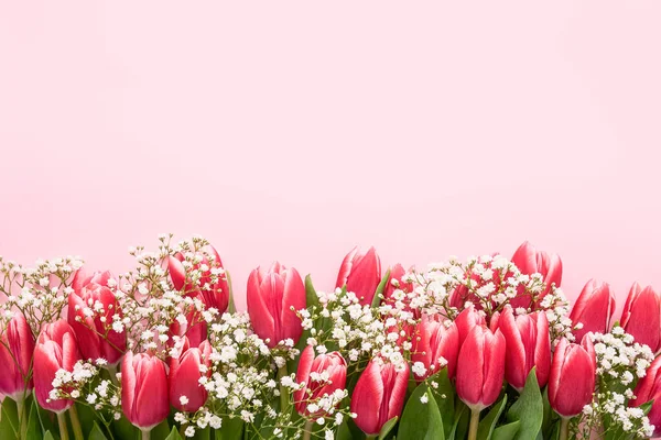 Rózsaszín tulipán és cigány virágok határolják rózsaszín háttér, szelektív fókusz. Anyák napja, születésnapi koncepció. — Stock Fotó