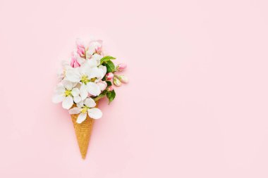 Pembe arka planda elma çiçeği çiçekli waffle külahı. Bahar konsepti Metin için boşluk kopyala, üst görünüm