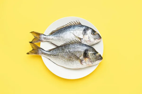 Dos pescados dorados crudos en plato blanco sobre un fondo amarillo brillante. Concepto de mariscos mediterráneos —  Fotos de Stock