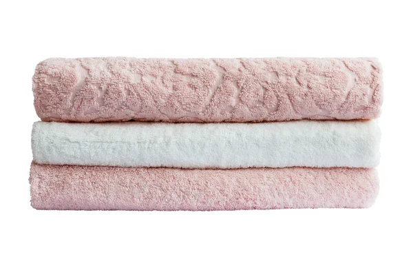 Toalhas de banho brancas e rosa. Isolados — Fotografia de Stock