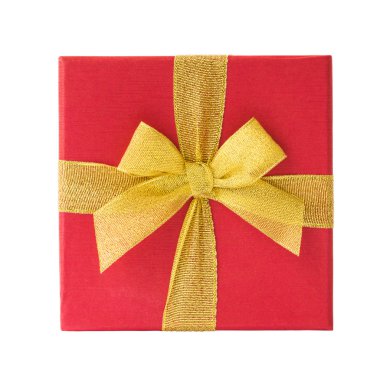 Sarı kurdele beyaz bitti izole kırmızı hediye kutusu