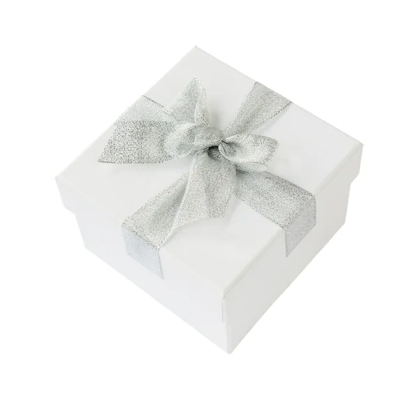 White gift box with yellow ribbon isolated over white — Stok fotoğraf