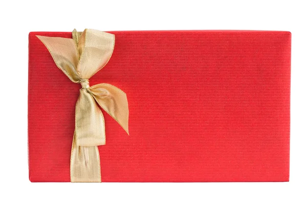 Загорнута подарункова коробка з золотою стрічкою ізольована над білим — стокове фото