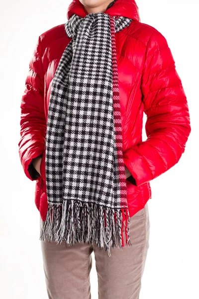 Red padded jacket and scarf. — Stock Photo, Image