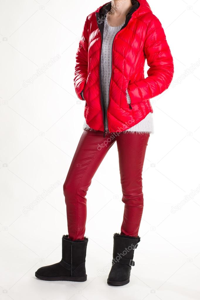 Model in red winter jacket.