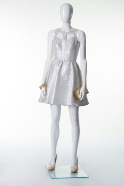 Manken, gümüş rengi elbise.