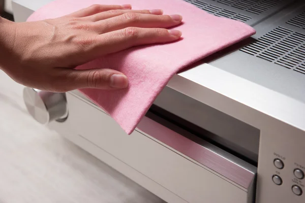Wipe office equipment from dust. — Stock Photo, Image
