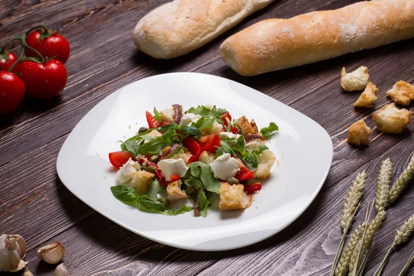 Vegetable salad with croutons and mozzarella. — Stock Photo, Image