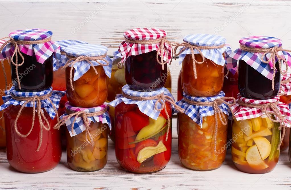 Jars with canned products.