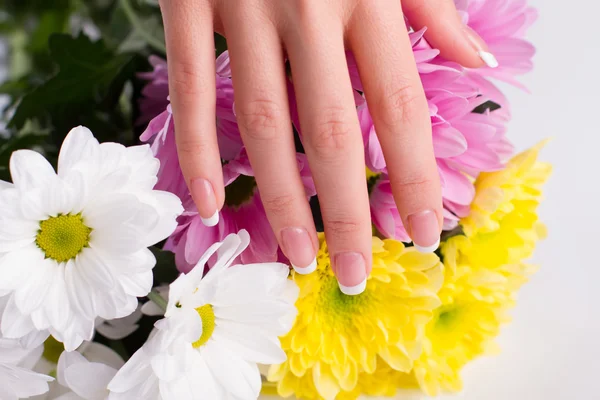 Mooie Franse manicure op achtergrond van lichte boeket. — Stockfoto