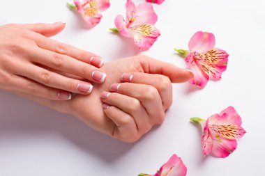 Female hand with delicate flowers. clipart