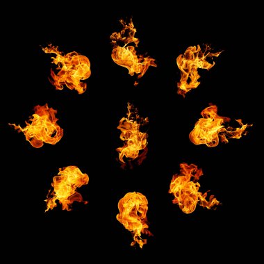 Yangın alevleri koleksiyonu siyah arkaplanda izole edildi