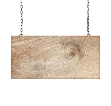 Beyaz arkaplanda izole edilmiş bir zincirden tahta işareti