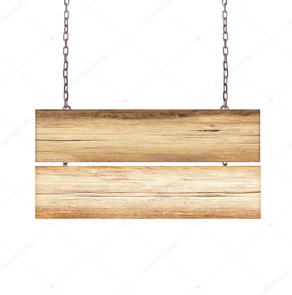 Wood sign from a chain isolated on white background