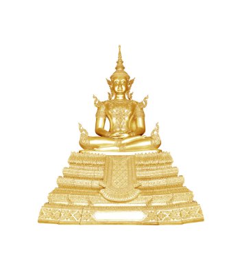 Beyaz arkaplanda izole edilmiş altın Buda heykeli.