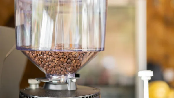 A lot of coffee beans in a blender jar with a blurred background