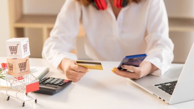 Alışveriş arabasında Ying 'li genç kadınların cep telefonlarından sipariş verdiği online alışveriş arabası..