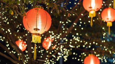 Çin Yeni Yılı 'nda ağaçlara birçok Çin feneri asılır..