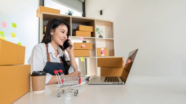 Girişimci Küçük İşletme Bağımsız KOBİ Genç Kadın Gülümsemesi Ev Akıllı Telefon Kutusunda Mutlulukla Çalışıyor Çevrimiçi Pazarlama Paketleme KOBİ Nakliye Şirketi Konsepti