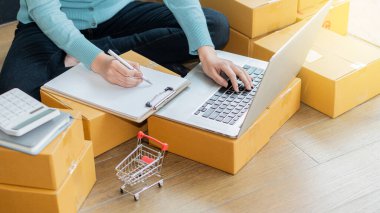 Girişim Girişimciliği Küçük İşletme Serbest KOBİ Evde çalışan genç bayan yerde ve dizüstü bilgisayarında çevrimiçi pazarlama paketleme KOBİ Ticari Konsepti